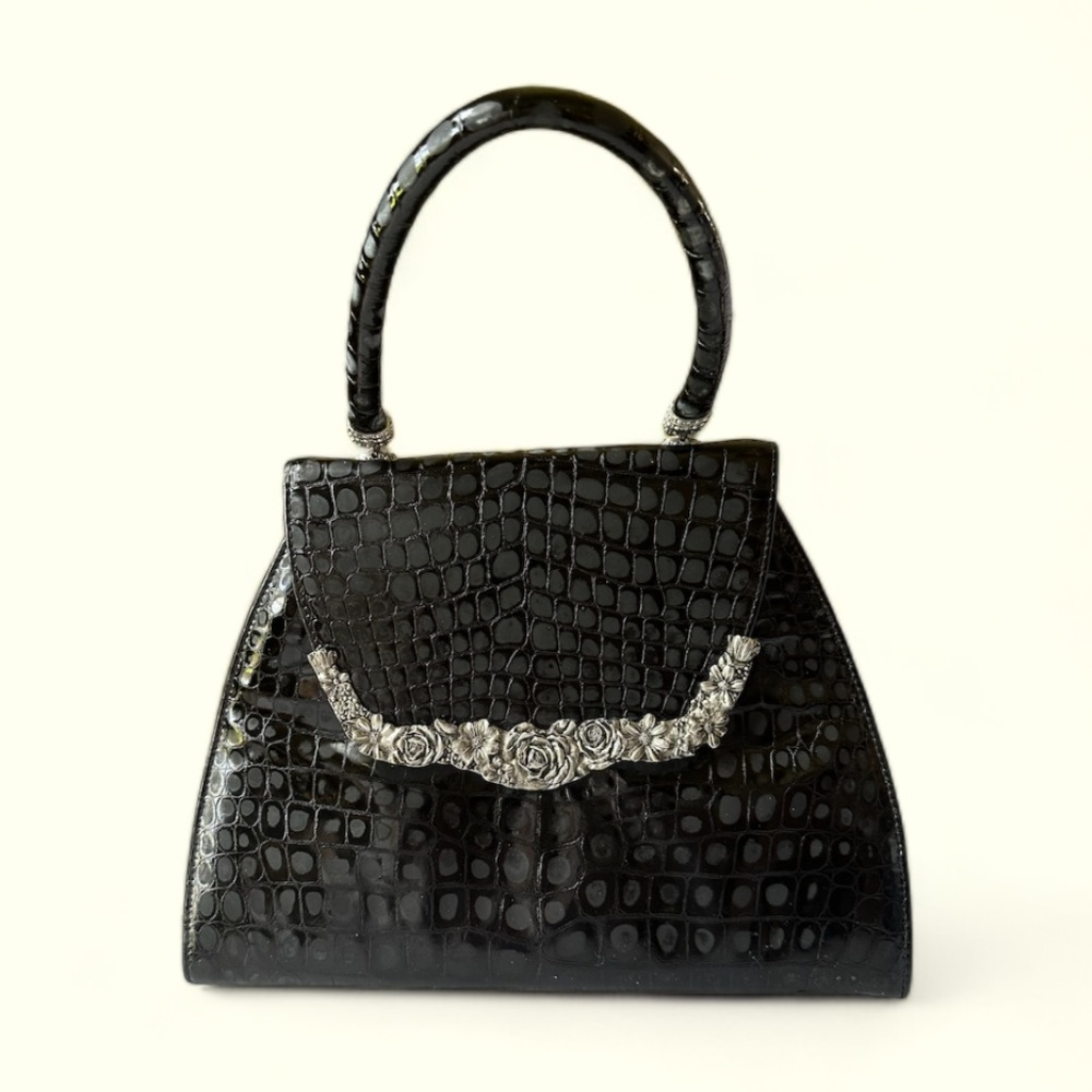 Vintage Glen Miller for Ann Turk Genuine Leather Crocodile Print Black Handbag